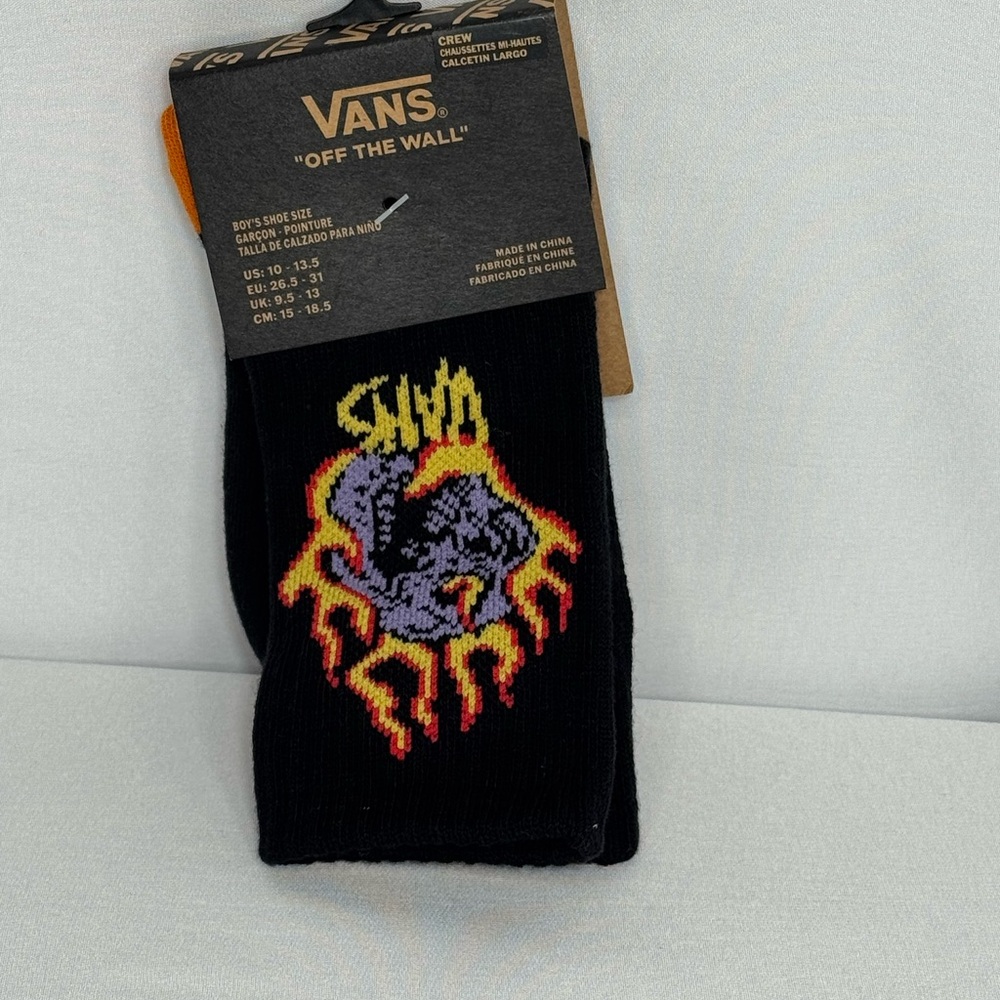 Vans Black Socks with Vibrant Flame Design fits boys shoe size 10-13.5